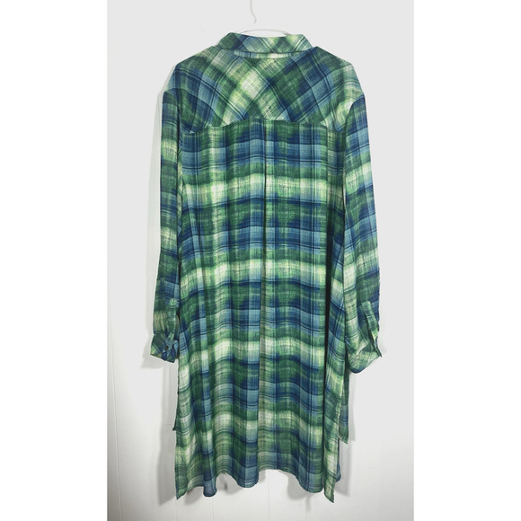 Catherines Featherweight Plaid Tunic Duster Button Front Blue Green Size 3X - Picture 2 of 11
